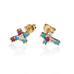 Cross earrings with cubic zirconia Multicoloured Gold nz