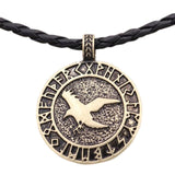Engraved runes necklace Leather bronze medal nz