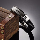 Leather and stainless steel cross bracelet nz