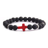 Minimalist cross bracelet Black/red cross/silver lava stone nz