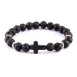 Minimalist cross bracelet Black/silver lava stone nz